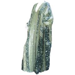 Monumental Richly Decorated Vintage Teal Silk and Silver Caftan. 1980's.