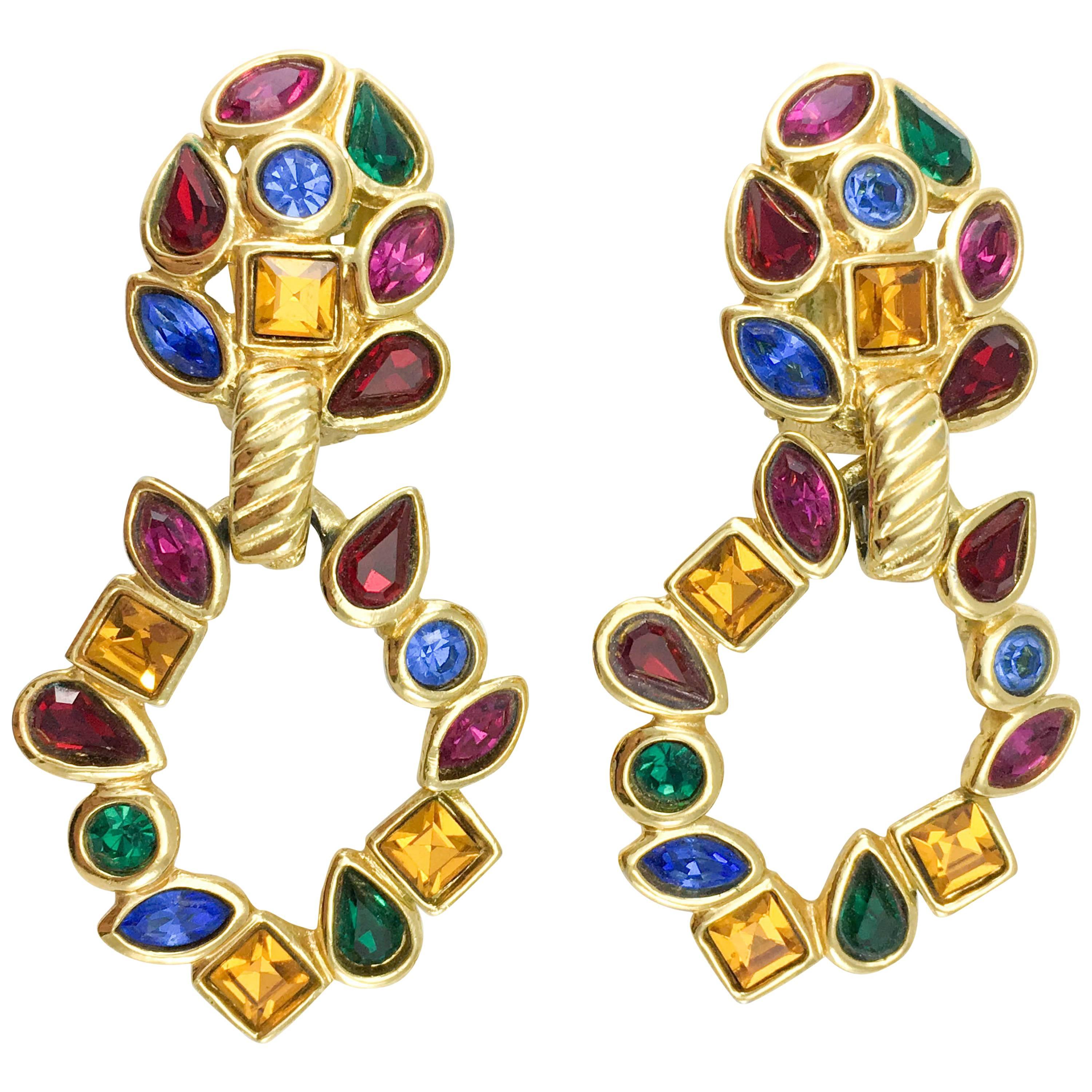 1980s Yves Saint Laurent Colourful Crystal Embellished Gilt Dangling Earrings