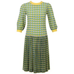 Retro 1960s Tiziani Couture by Karl Lagerfeld Lemon Silk Print Dress and Vest Set