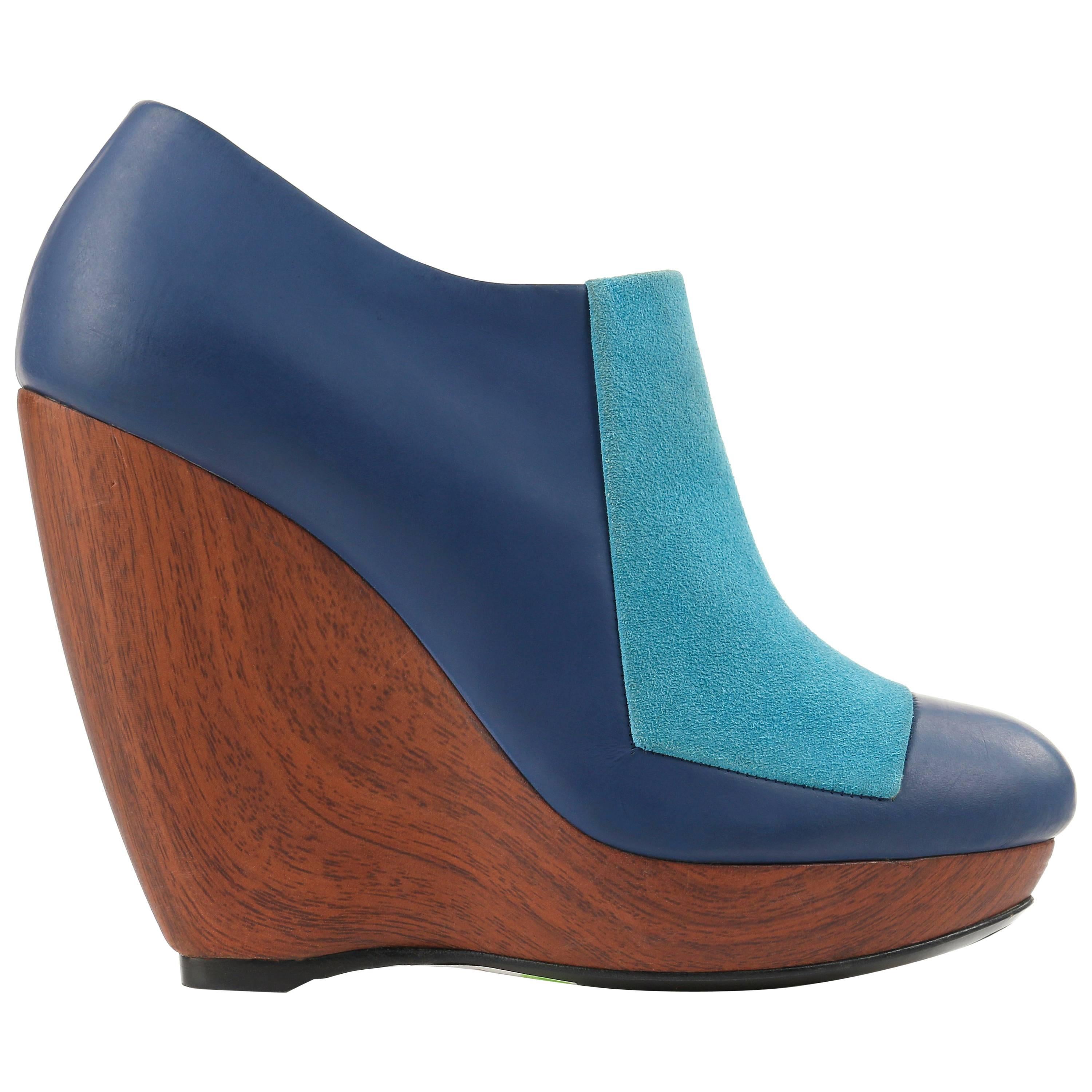 BALENCIAGA Light on Dark Blue Suede Colorblock Wooden Wedge Platform Heels For Sale