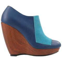 BALENCIAGA Light on Dark Blue Suede Colorblock Wooden Wedge Platform Heels 5