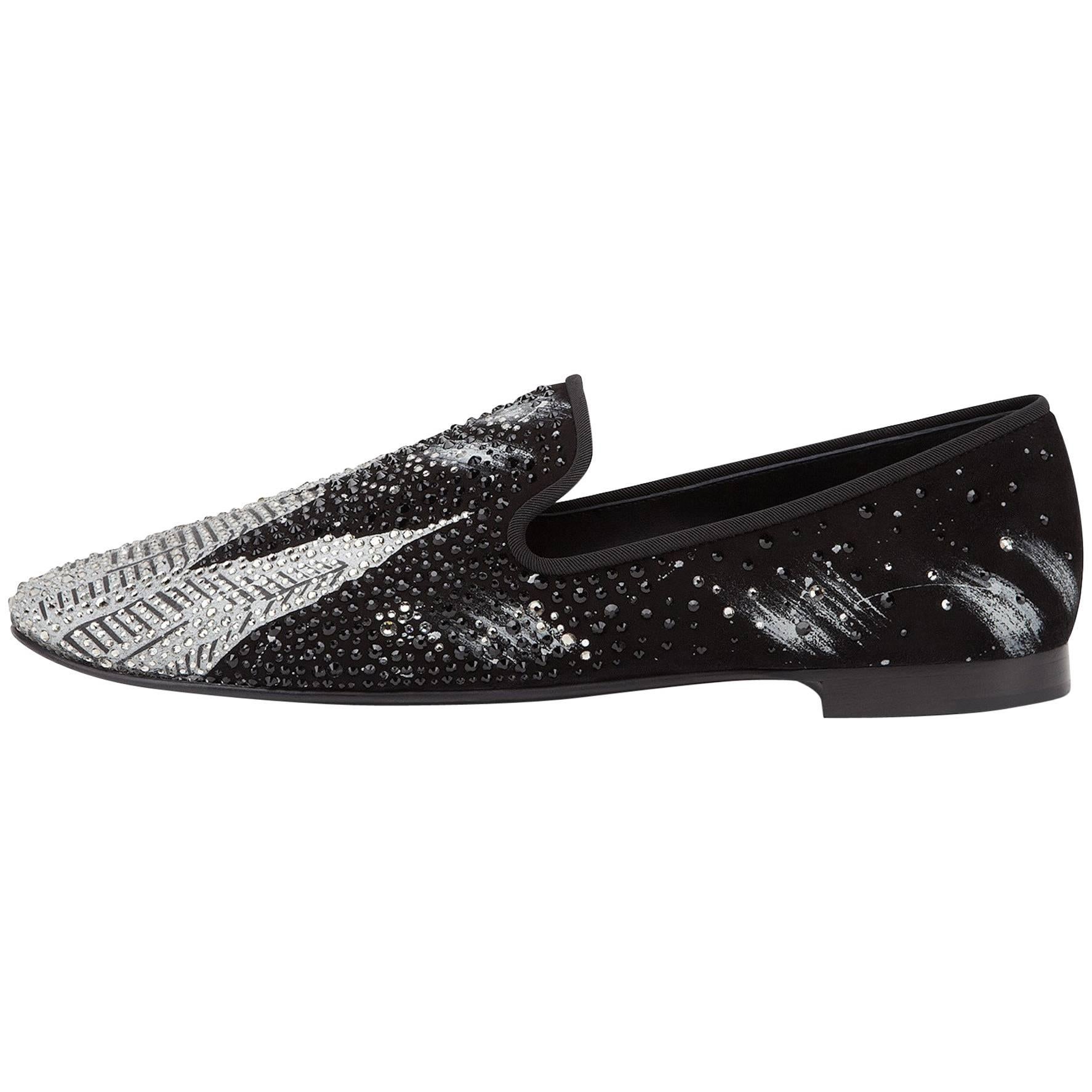 Giuseppe Zanotti New Men
s Black Silver Crystal Loafers Smoking Slippers Box