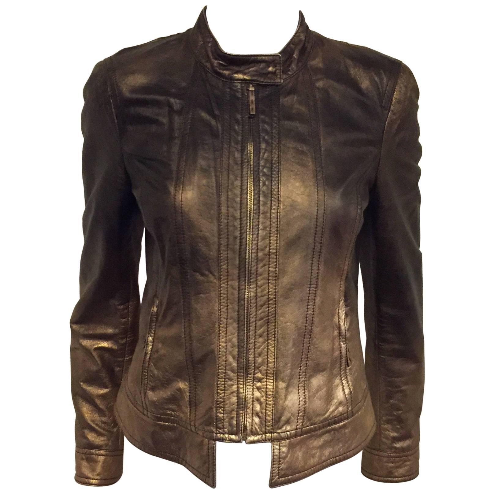 Remarkable Roberto Cavalli's Bomber Leather Jacket in Bronze Metal Color