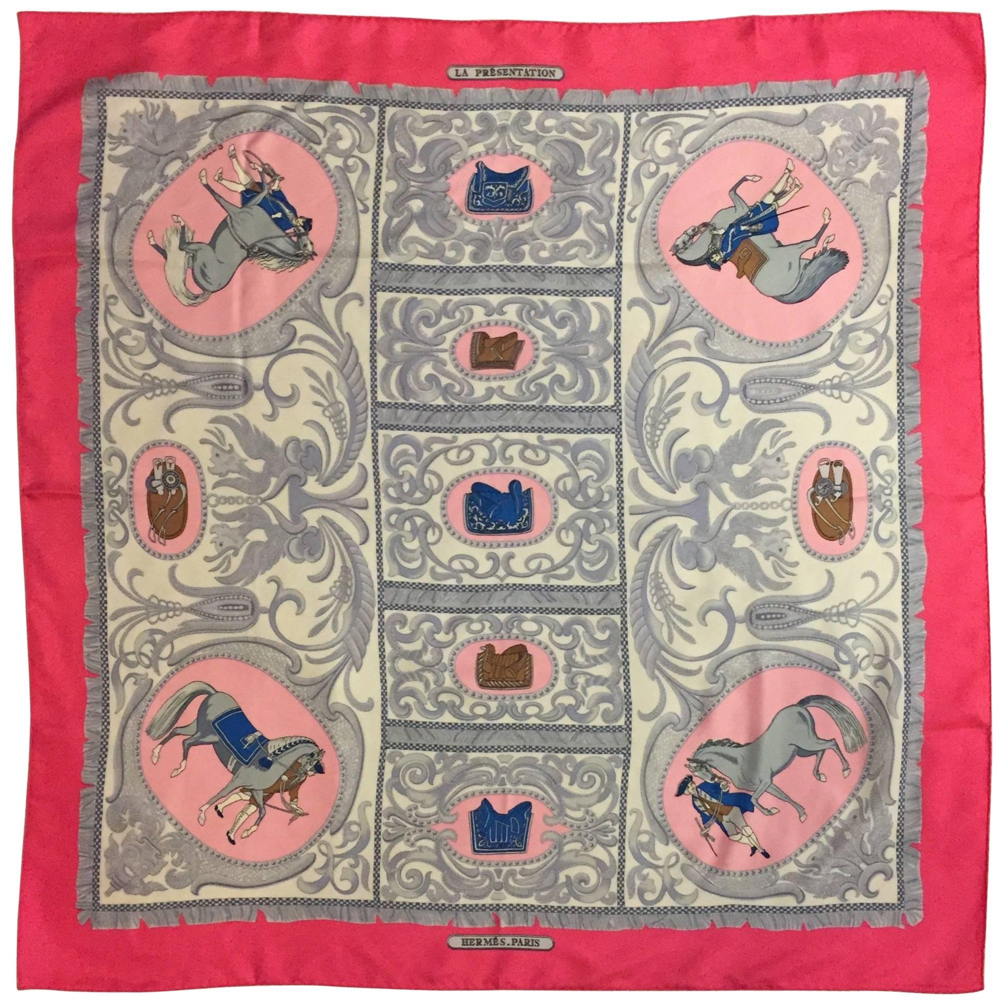 Hermès Hot Pink La Presentation 90cm  Silk Twill Carre By Christiane Vauzelles 