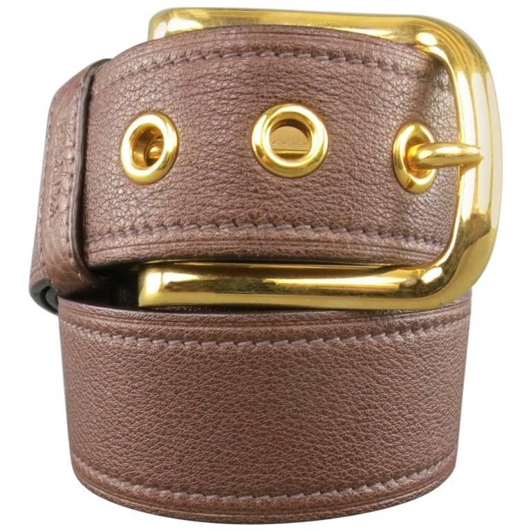 PRADA Brown 32 Leather Gold Buckle Grommet Belt at 1stdibs