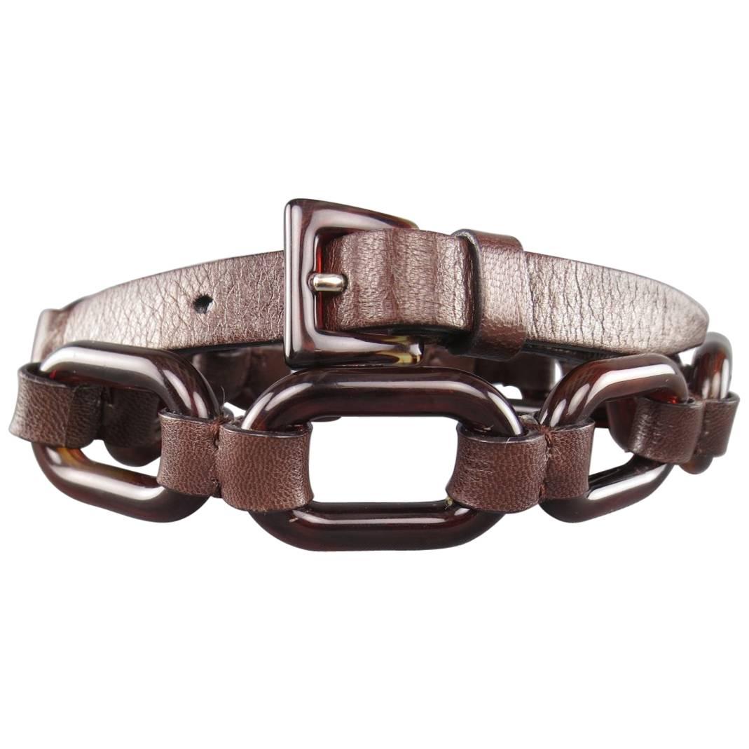 PRADA Size S Brown Tortoise Shell & Leather Chain Link Waist Belt