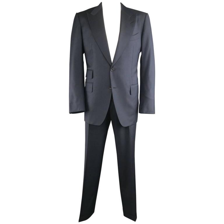 Men's TOM FORD 44 Long Navy Solid Wool Peak Lapel 2 Button ...