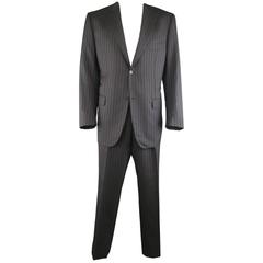 Men's ISAIA 48 Long Charcoal & Blue Pinstripe Wool / Silk 38 34 Suit