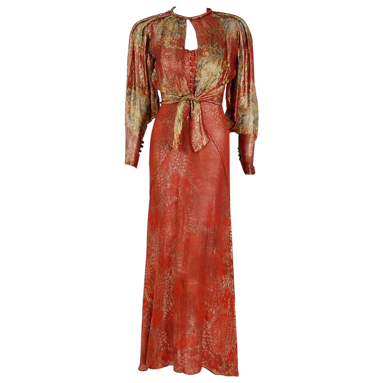1930's Couture Metallic Floral Print Lame Bias-Cut Gown & Billow-Sleeve Jacket