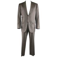 Men's ISAIA 46 Long Taupe & Lavender Stripe Wool Notch Lapel 2 Pc Suit