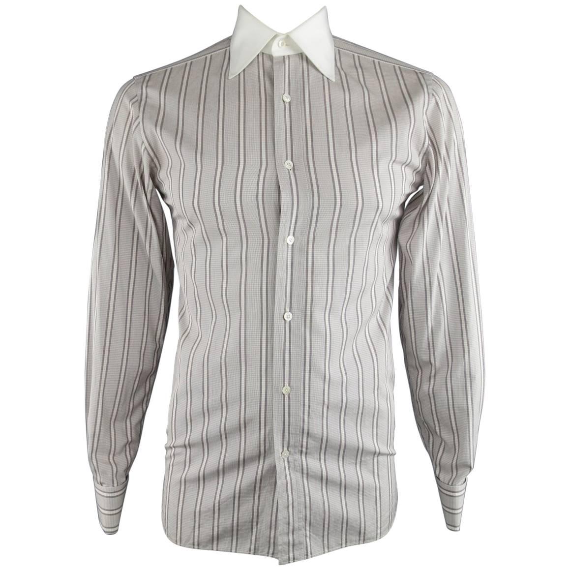 TOM FORD Size M White & Taupe Stripe Cotton COntrast Collar French Cuff Shirt