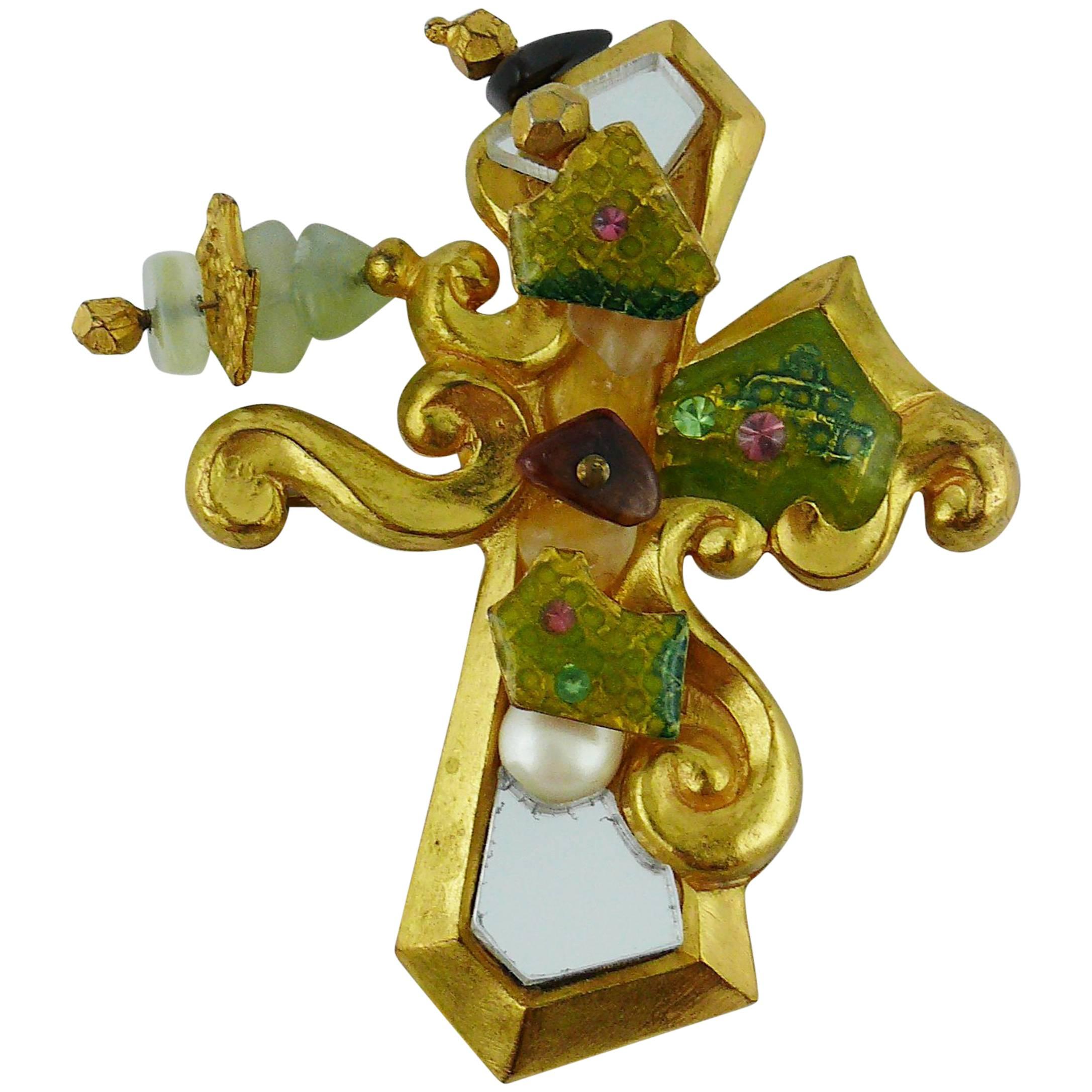 Christian Lacroix Vintage Baroque Mirrored Cross Brooch Pendant