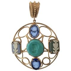 Bronze pendant with engraved Murano Glass, Wedgwood and Turquoise paste inserts