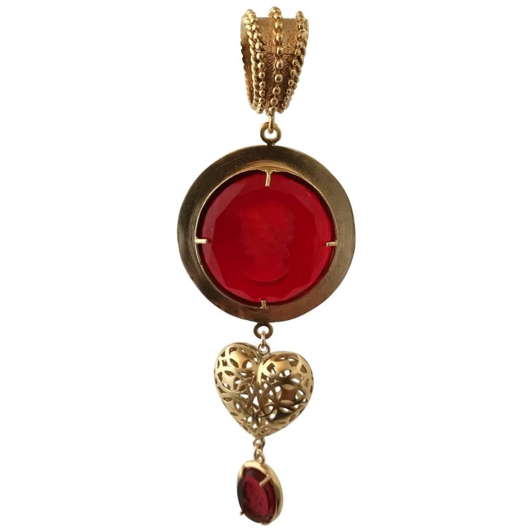 Bronze Pendant with red Murano Glass inserts and Bronze Heart