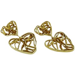 Yves Saint Laurent YSL Vintage Gold Toned Wire Heart Dangling Earrings