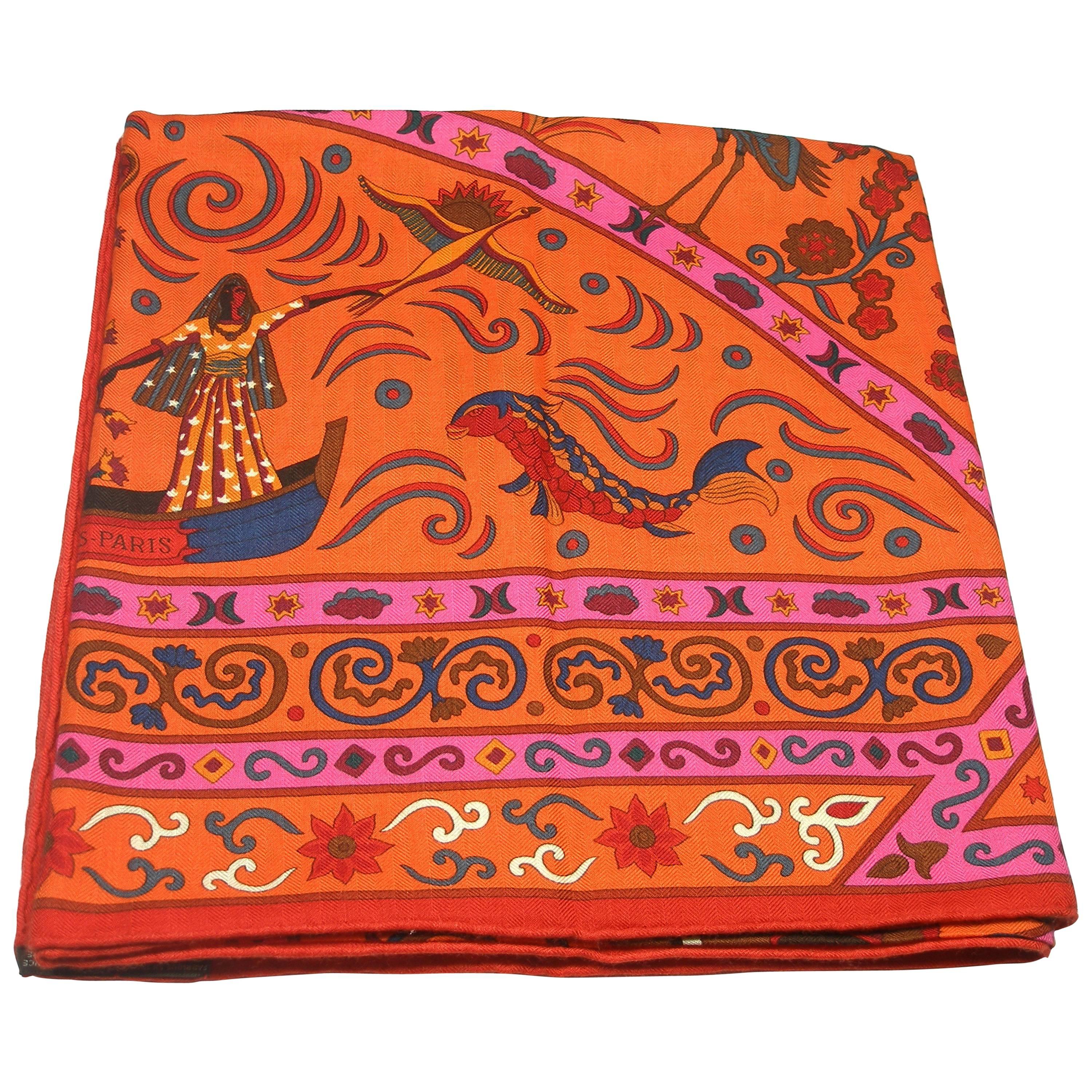 HERMES Cashmere Silk Peuple Du Vent Shawl 140 orange /BNIB 