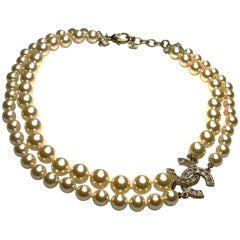 Chanel 2016 Double Strand Gold CC Créme Pearl Necklace