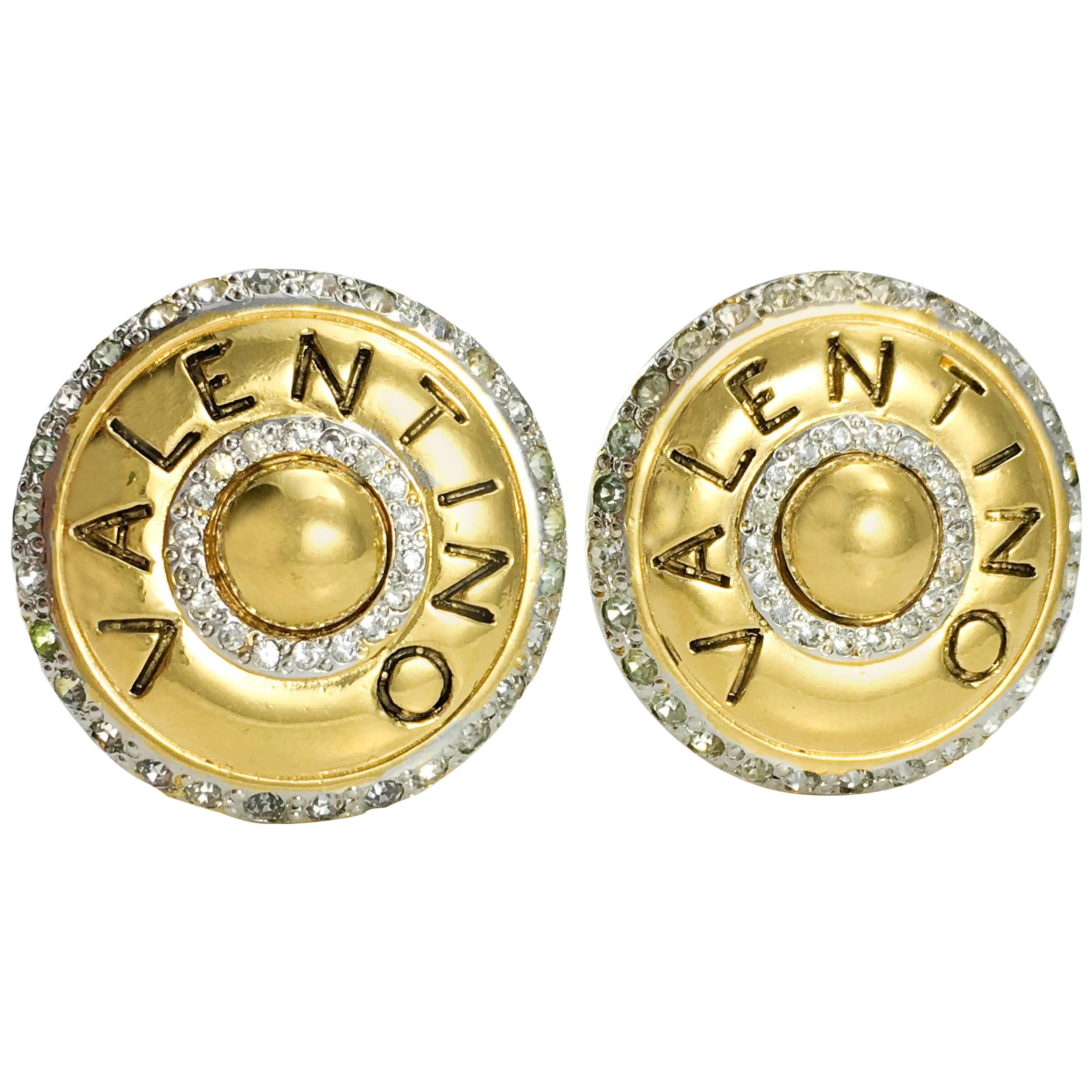 1980s Valentino Rhinestone Embellished Gilt Round Earrings For Sale