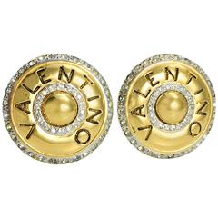 1980s Valentino Rhinestone Embellished Gilt Round Earrings 4