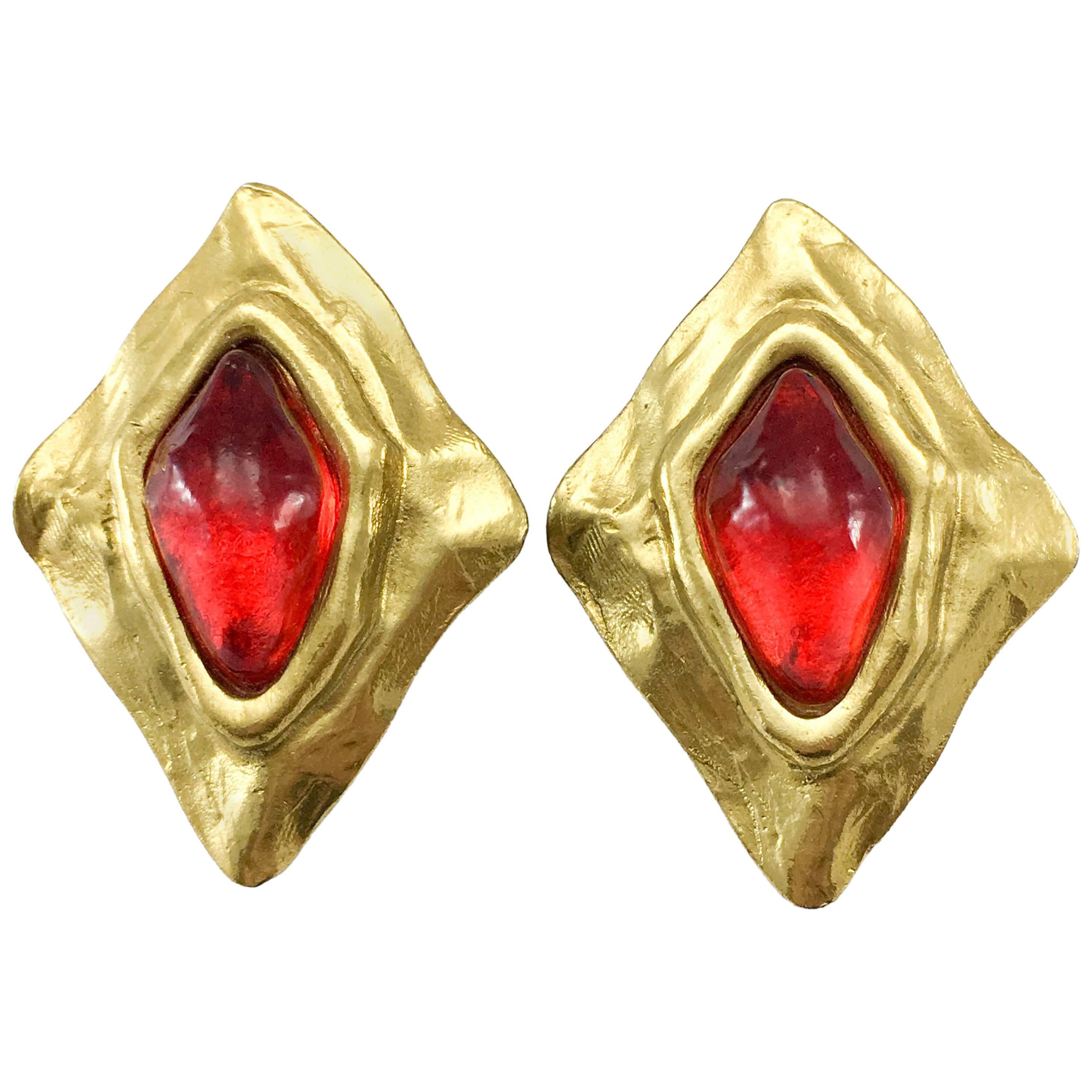1980s Yves Saint Laurent Large Red Gripoix Gold-Plated Earrings by Goossens
