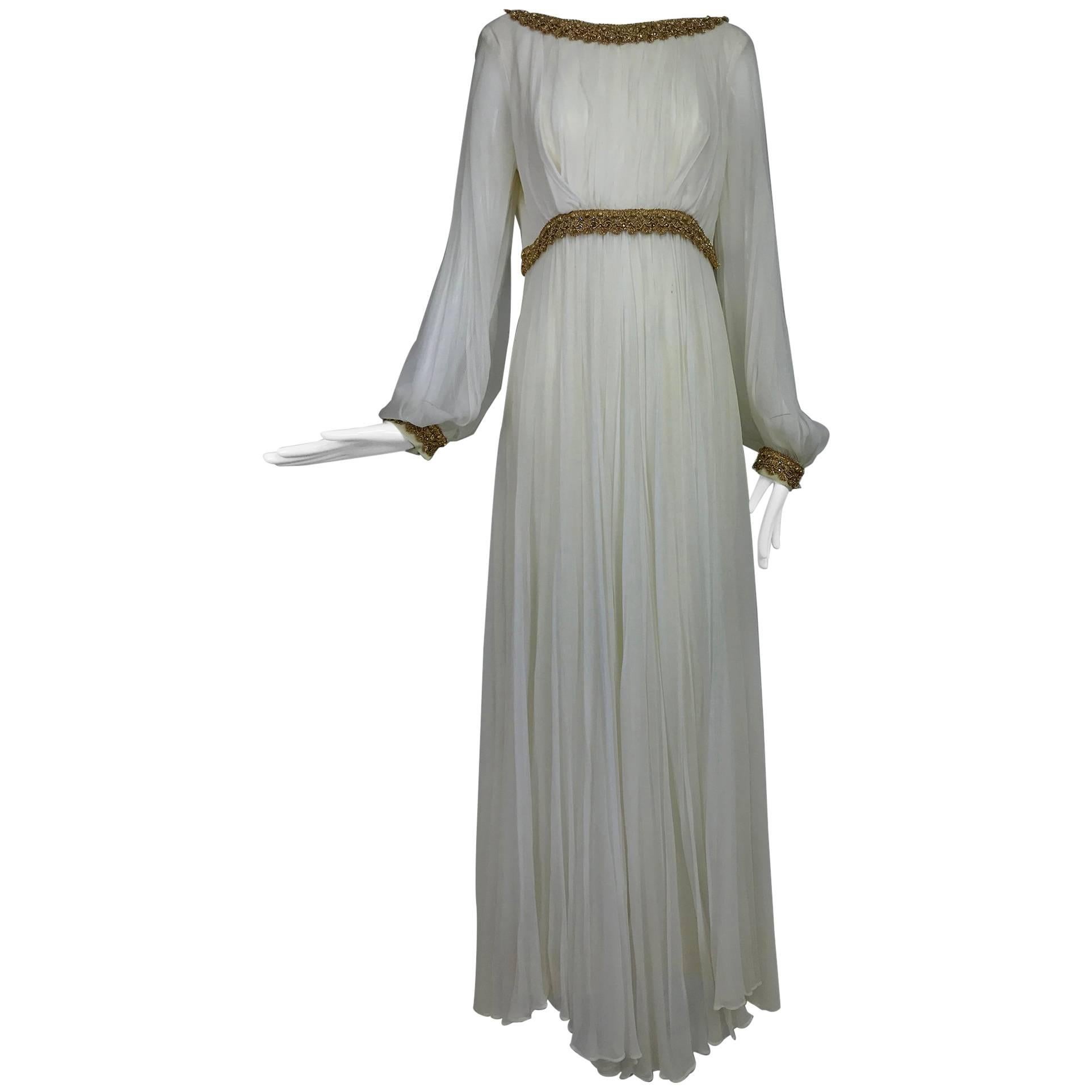 Vintage cream double layer silk chiffon maxi dress with gold braid trim 1970s