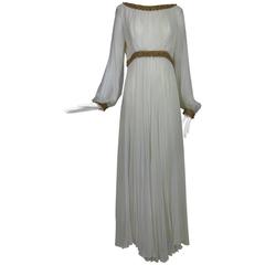 Vintage cream double layer silk chiffon maxi dress with gold braid trim 1970s 12