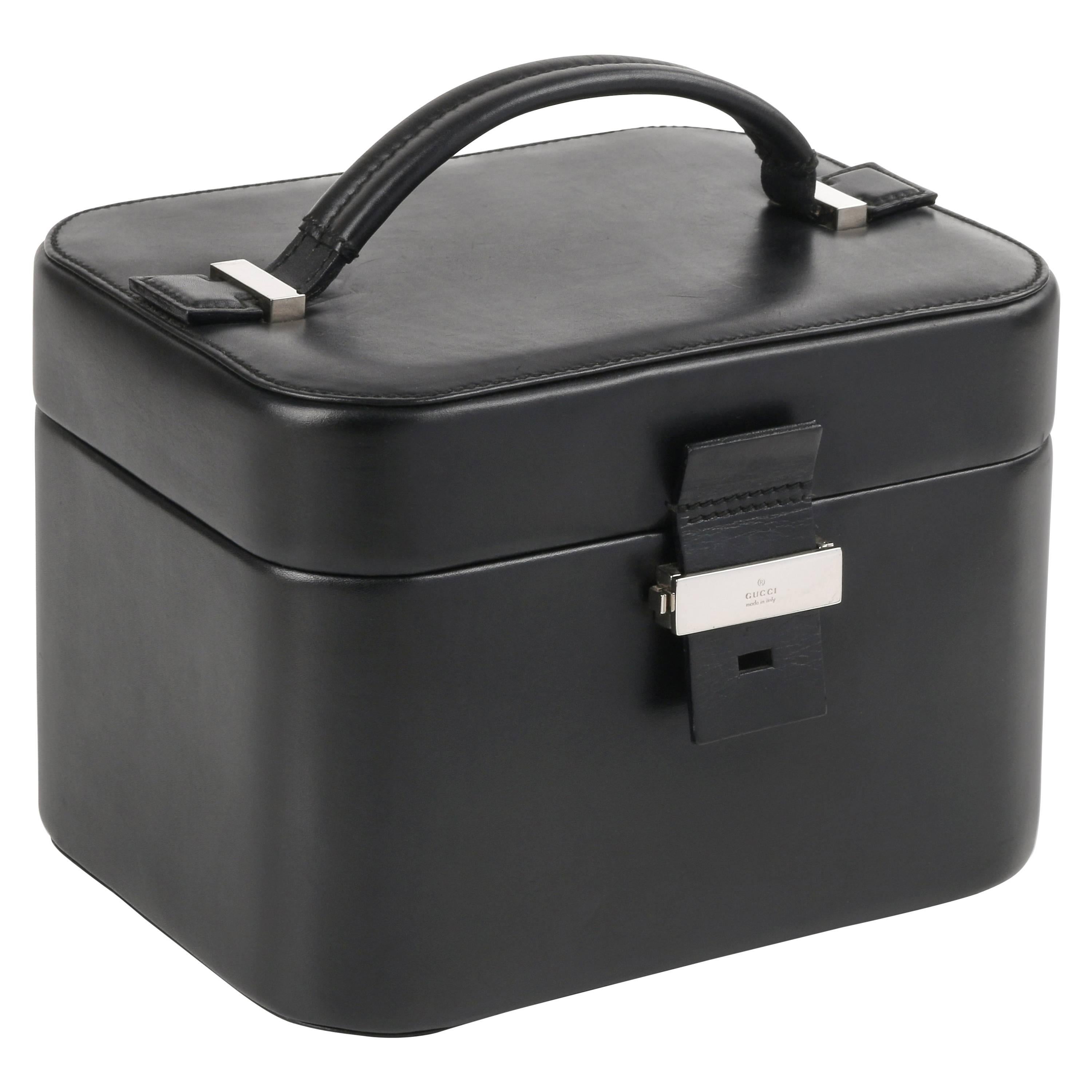 GUCCI Black Genuine Leather Structured Train Case Cosmetic Travel Bag Box Purse