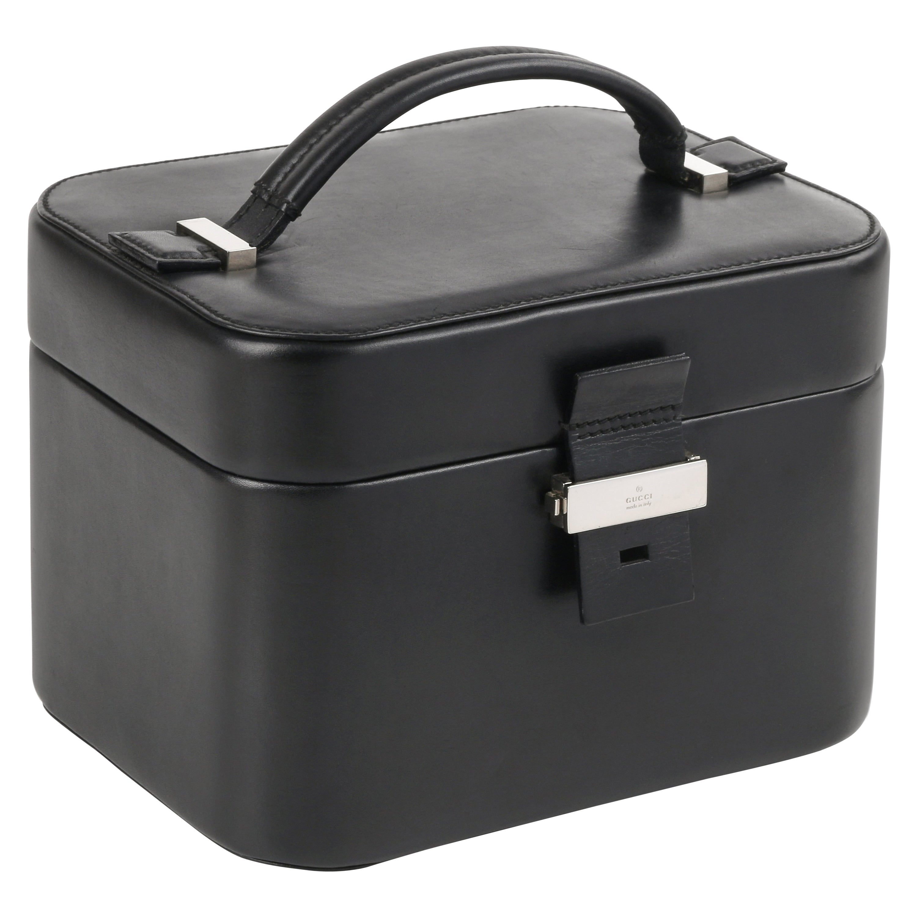 Gucci Black Genuine Leather Structured Train Case Cosmetic Travel Bag Box Purse
