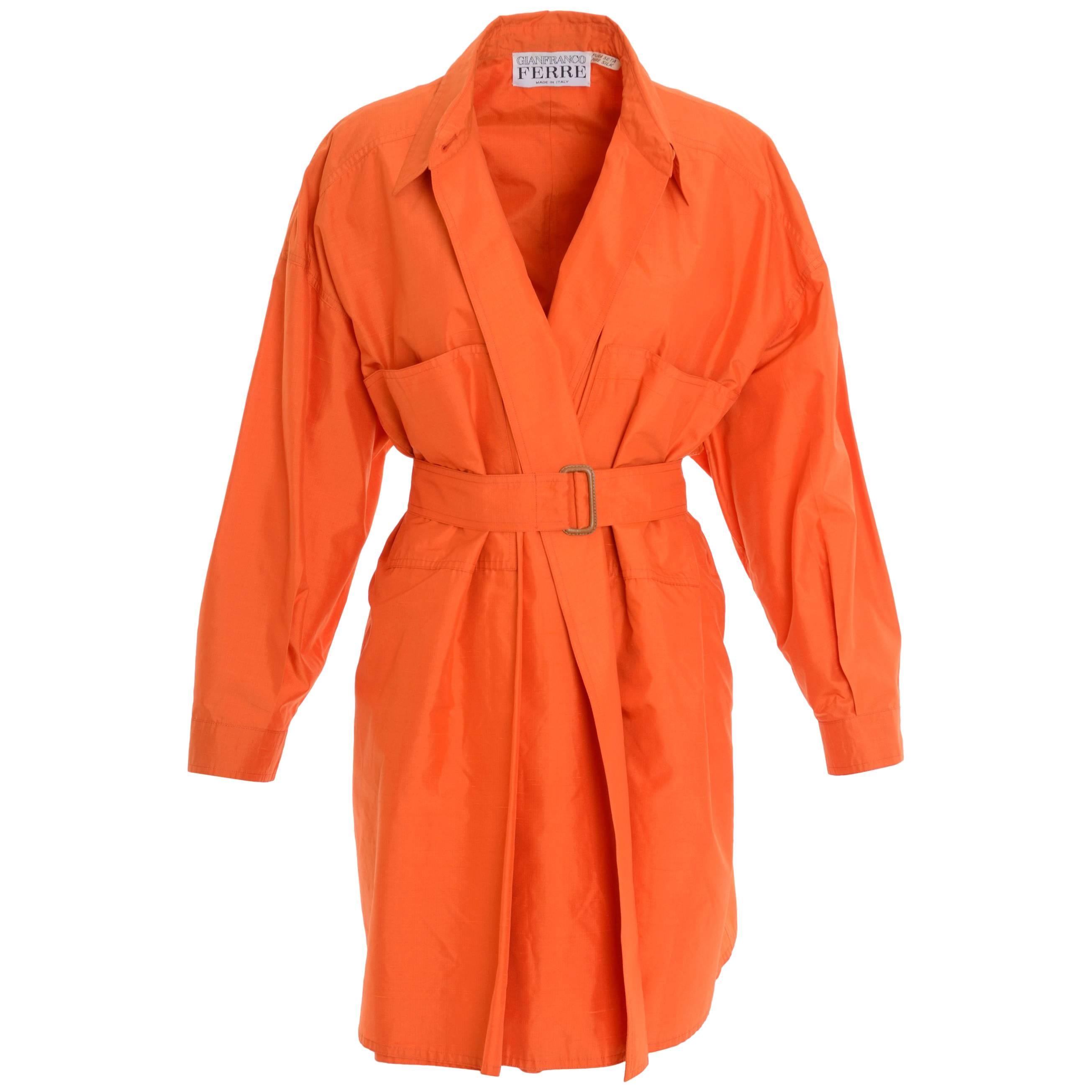 1990s GIANFRANCO FERRE' Orange Silk Oversize Long Jacket