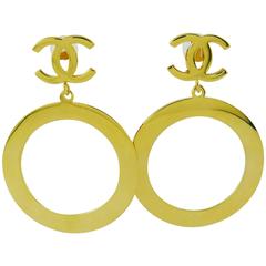 Chanel Vintage Massive Gold Toned Iconic Hoop Dangling Earrings 1
