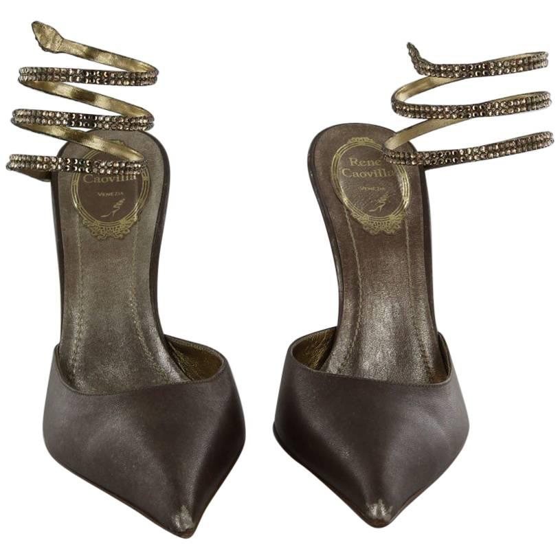 RENE CAOVILLA Pumps 38, 5 FR in Smooth Bronze Leather with a Rhinestone Snake For Sale