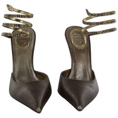 RENE CAOVILLA Pumps 38,5 FR in Smooth Bronze Leather with a Rhinestone Snake 10