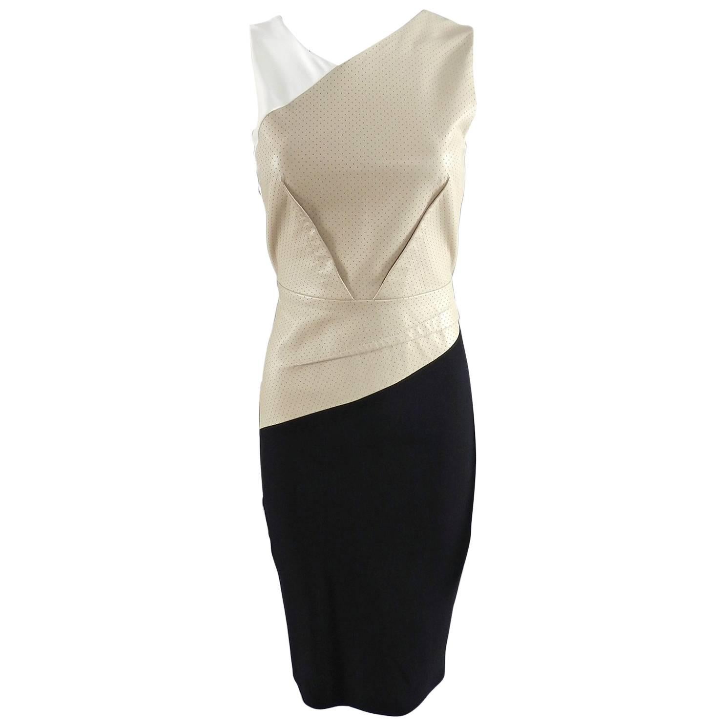 Roland Mouret Beige and Black Perforated Leather Wiggle Dress