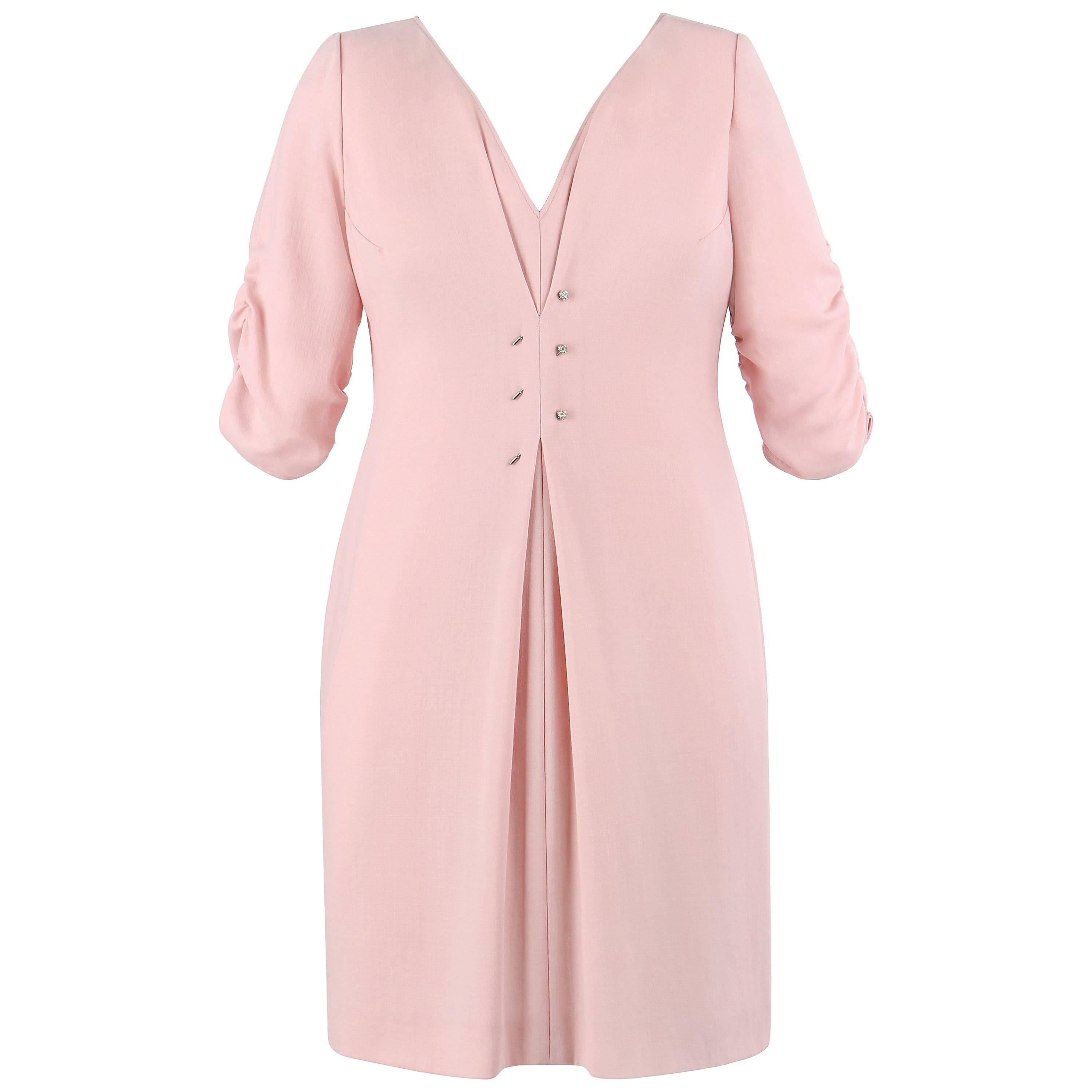 VALENTINO A/W 2007 Blush Pink 100% Wool Ruched Sleeve Cocktail Dress For Sale