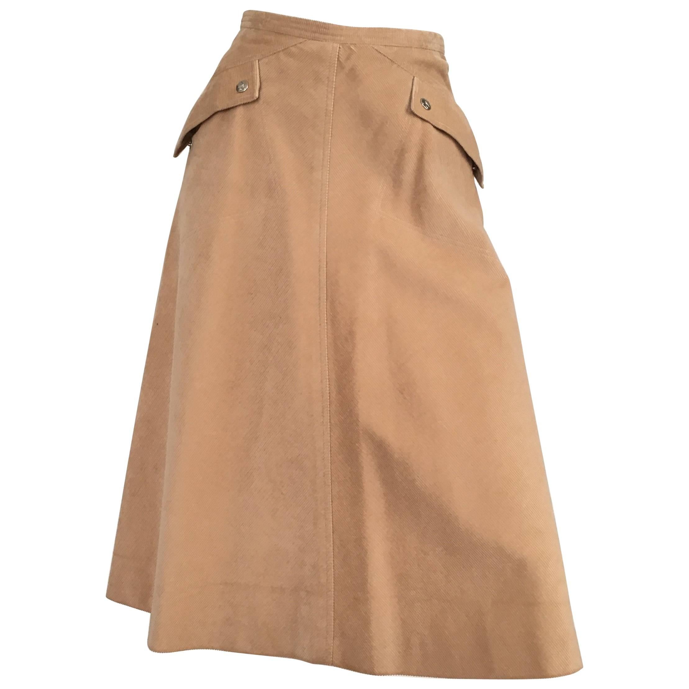 Courreges 1970s Khaki Corduroy A-Line Skirt With Pockets Size 4. For Sale