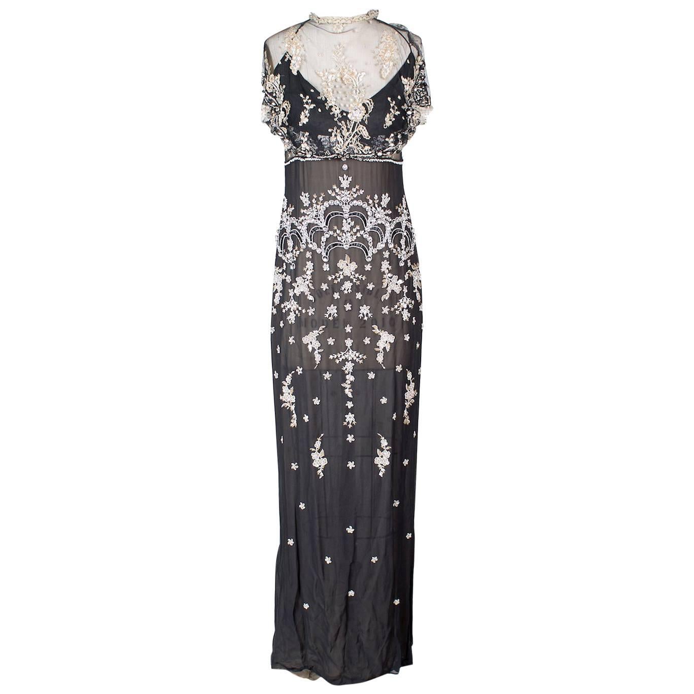 Badgley Mishka Beaded and Embroidered Mesh and Chiffon Gown