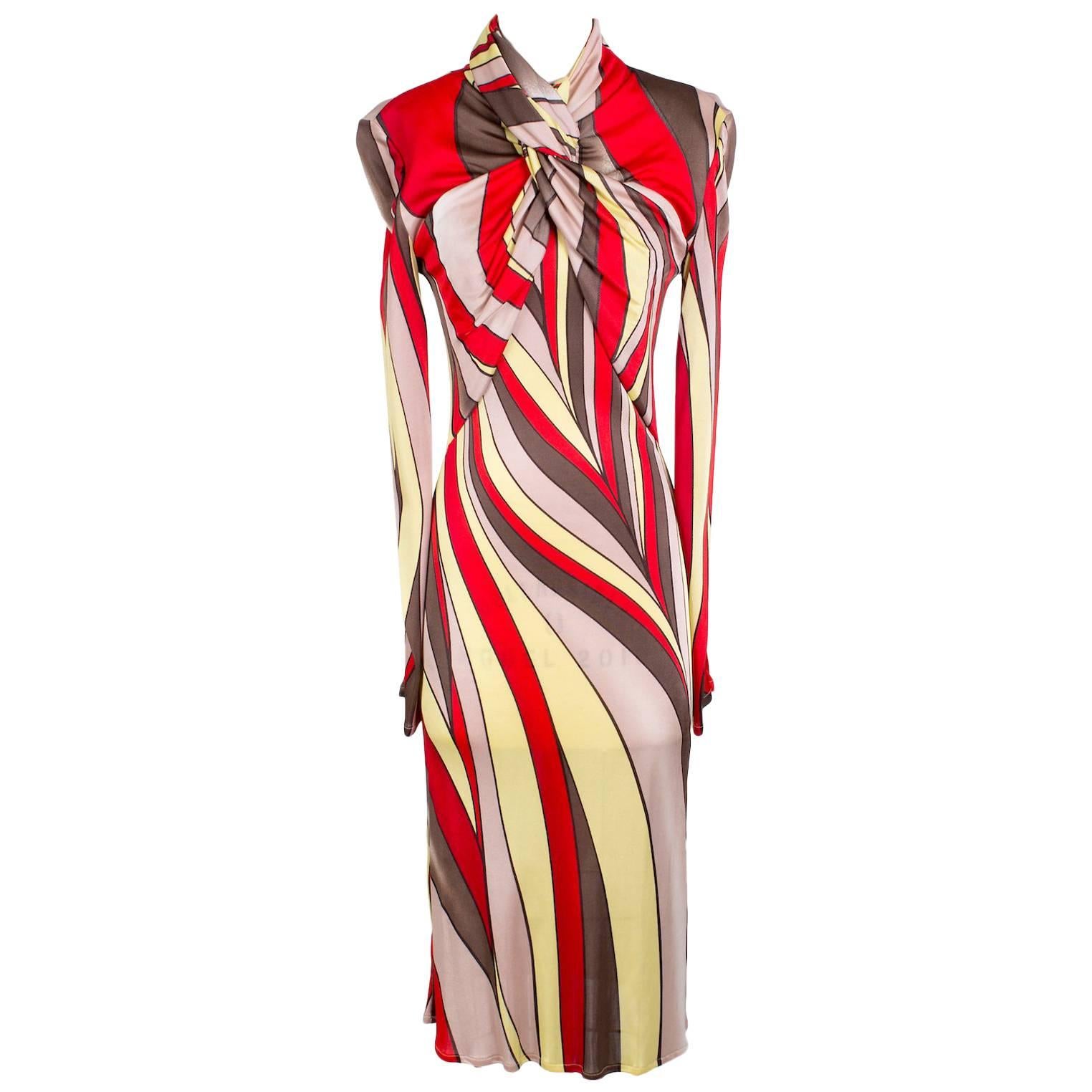 Versace Printed Stretch Jersey Dress with High Twisted Neck circa 1990s