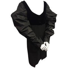1980s Gianfranco Ferre Black Cocktail Dress w Sheer "V" Back & Silk Puff Sleeves