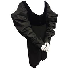 1980s Gianfranco Ferre Black Cocktail Dress w Sheer "V" Back & Silk Puff Sleeves 6