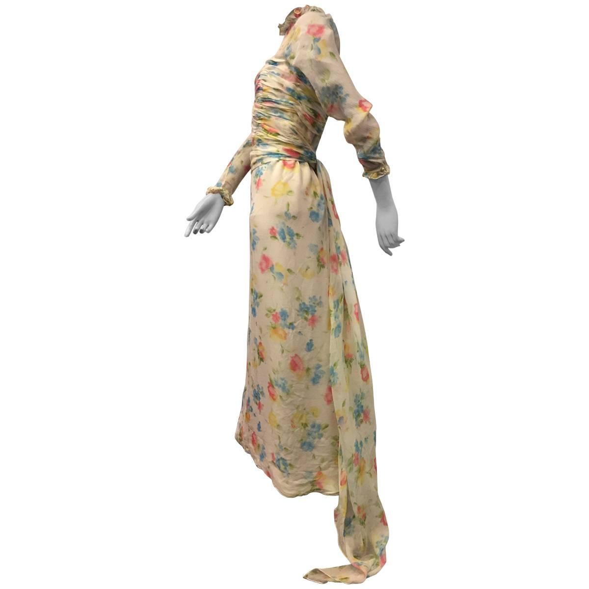 1980's Oscar De La Renta Cream Floral Printed Silk Chiffon Gown with Train 
