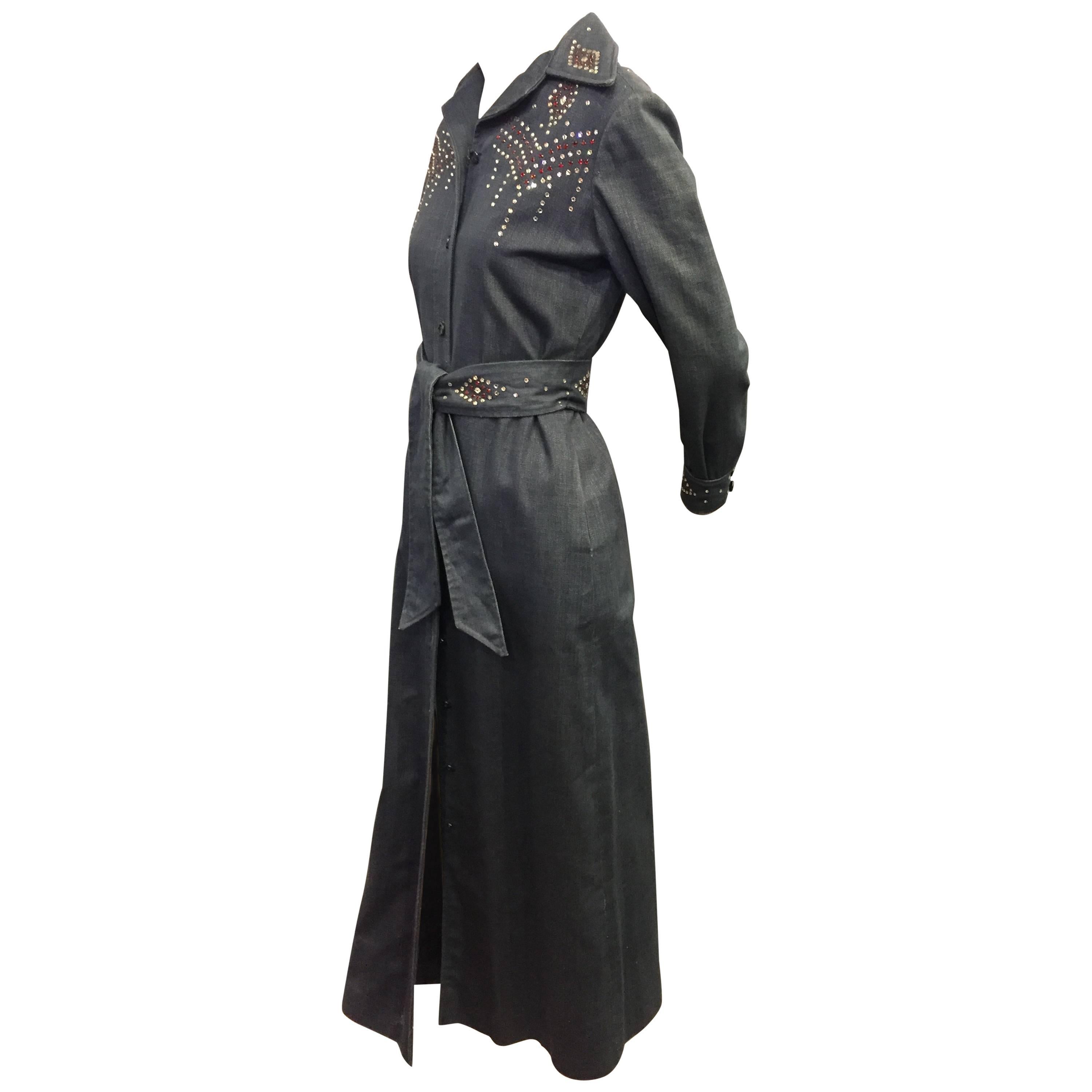 1970's Rhinestone Studded Denim Maxi Coat Dress  For Sale