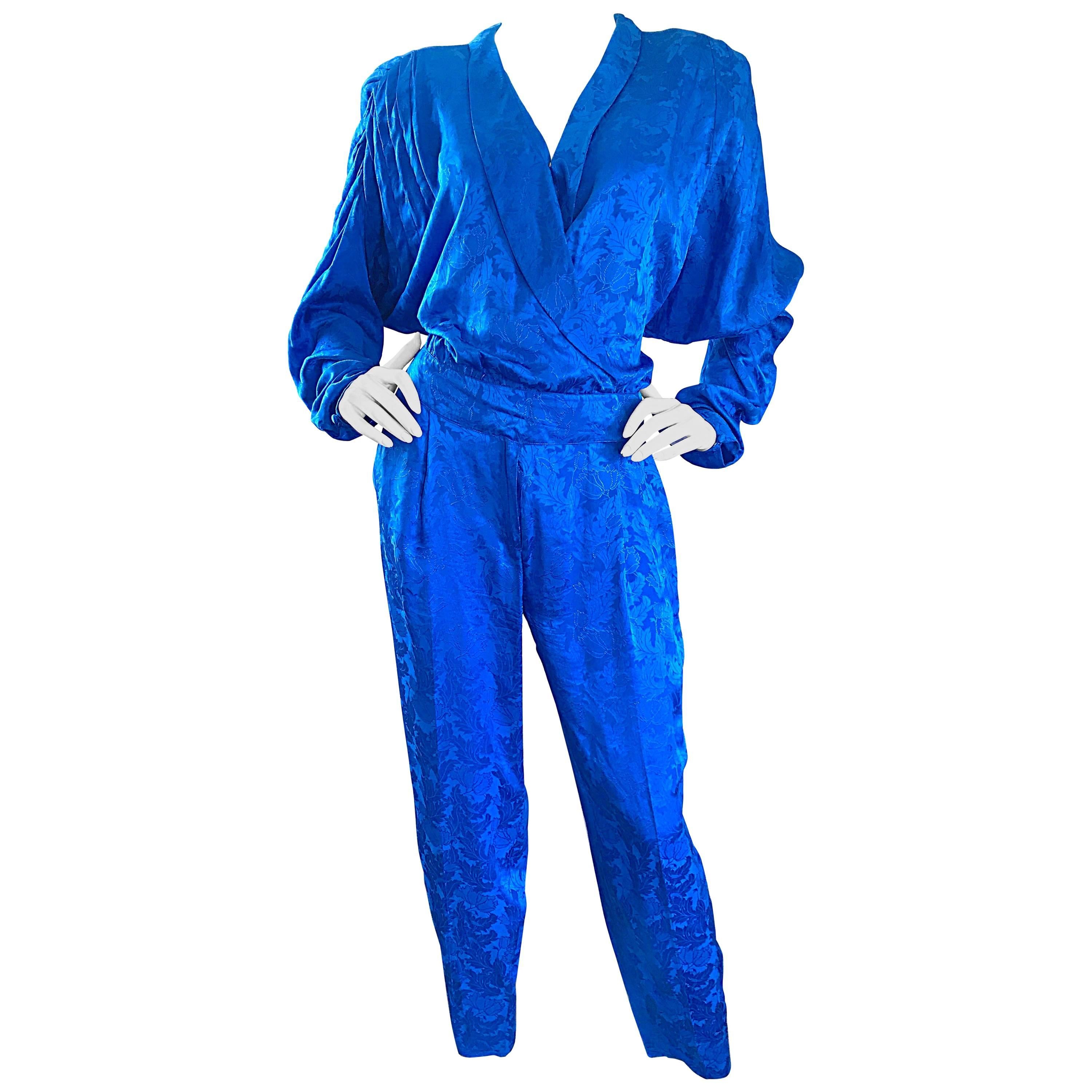 Vintage Flora Kung Royal Blue Size 10 Silk Long Dolman Sleeve Jumpsuit  For Sale