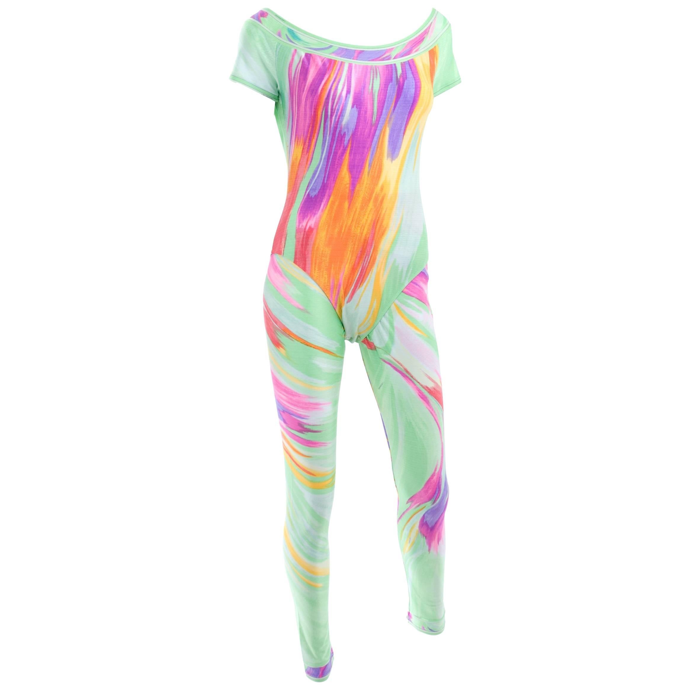 80's Leonard Paris Aerobics Suit - Body and Leggins in Colorful Print For Sale