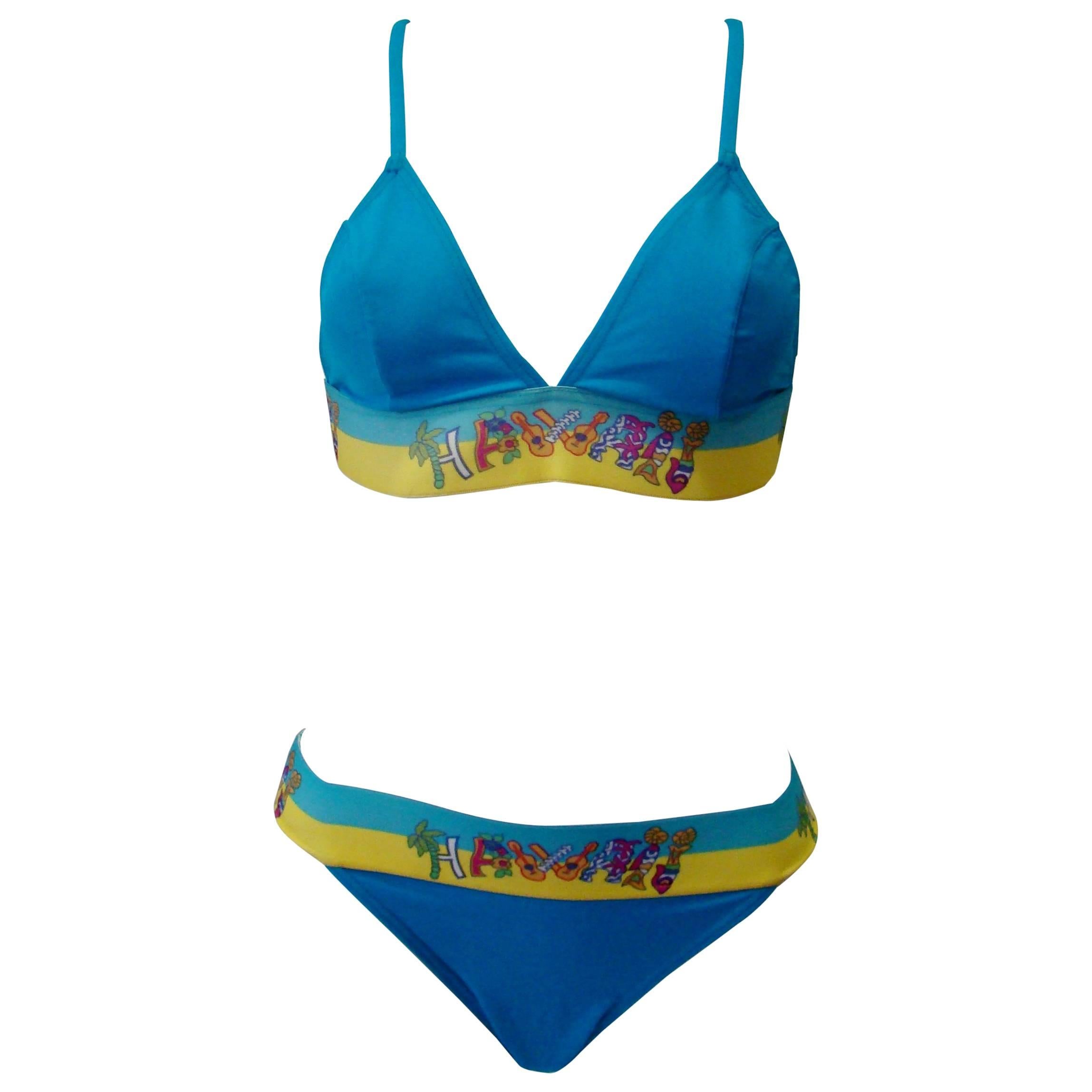 Istante By Gianni Versace Turquoise Bikini With Hawai Print Spring 1998 For Sale