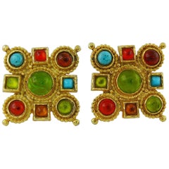 Edouard Rambaud Vintage Multicolored Glass Cabochons Clip-On Earrings