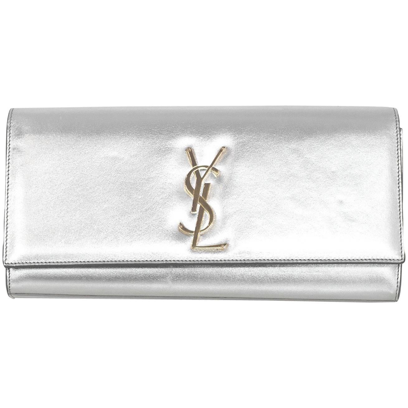 Saint Laurent Silver Leather Cassandre Monogram Clutch Bag