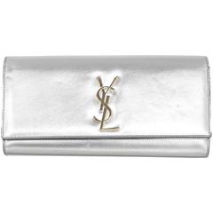 Saint Laurent Silver Leather Cassandre Monogram Clutch Bag