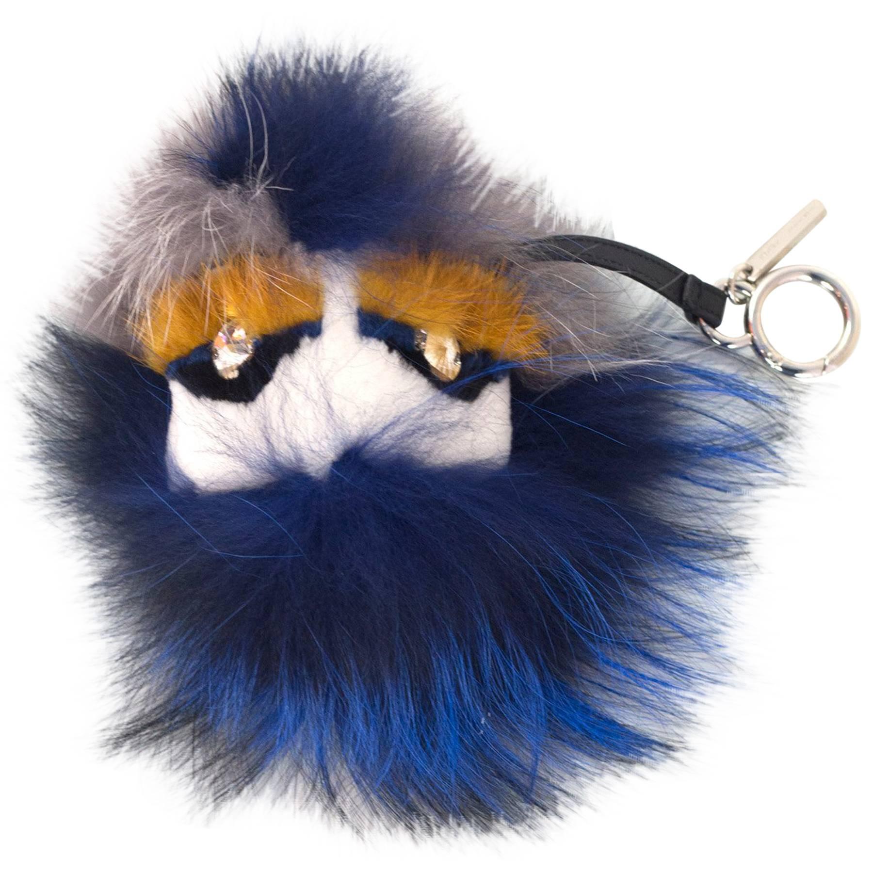 Fendi Blue and White Mink & Fox Fur Bag Bug Charm w/ Crystal Eyes