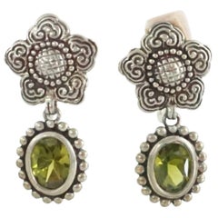 Retro Stephen Dweck Peridot Crystal with Silver Flower and Trim Clip Earrings