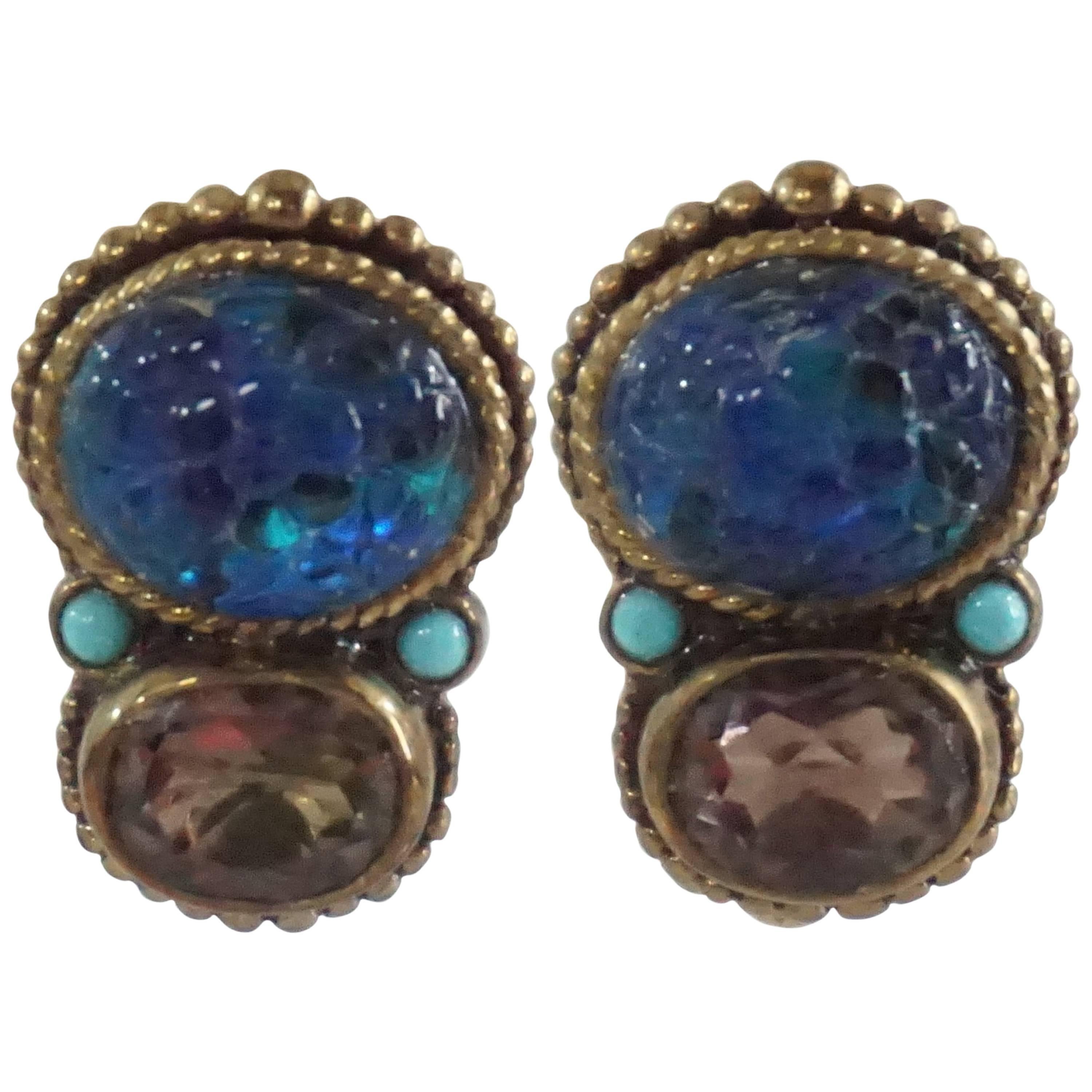 Stephen Dweck Smoky Quartz Blue Turquoise Clip Earrings with Bronze